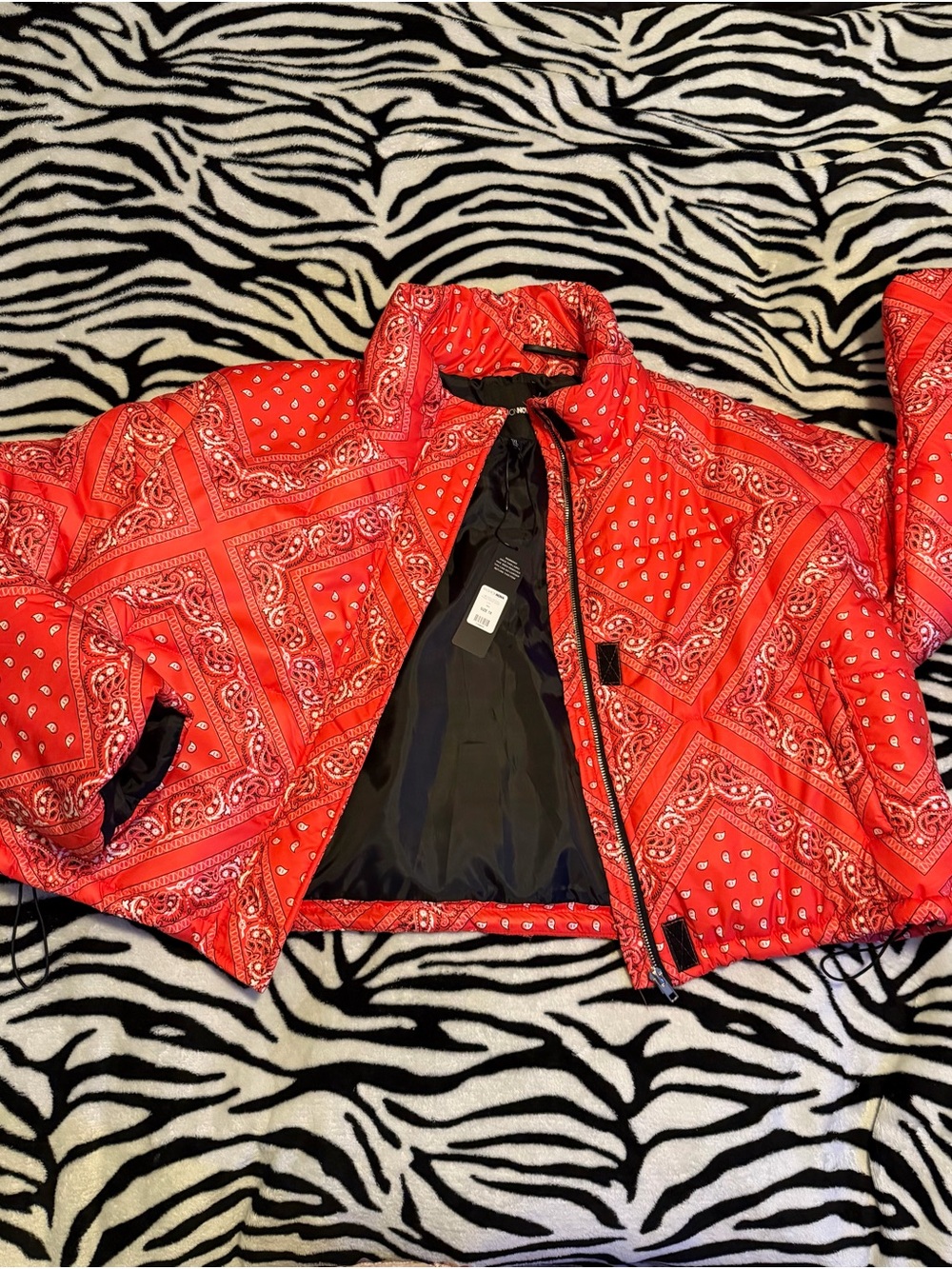 Red Bandana Print Puffer Jacket - Women's